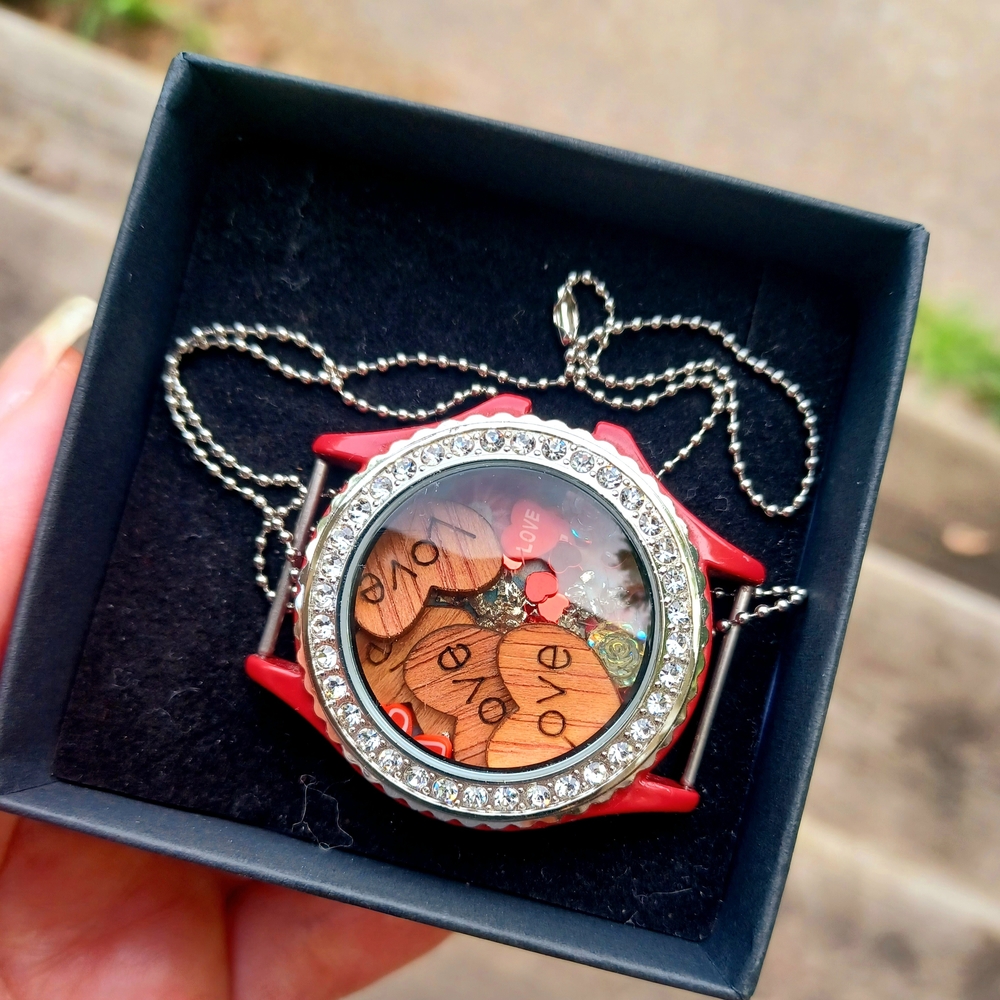 Red Love-Themed Upcycled Watch Necklace - Picture 2 of 4